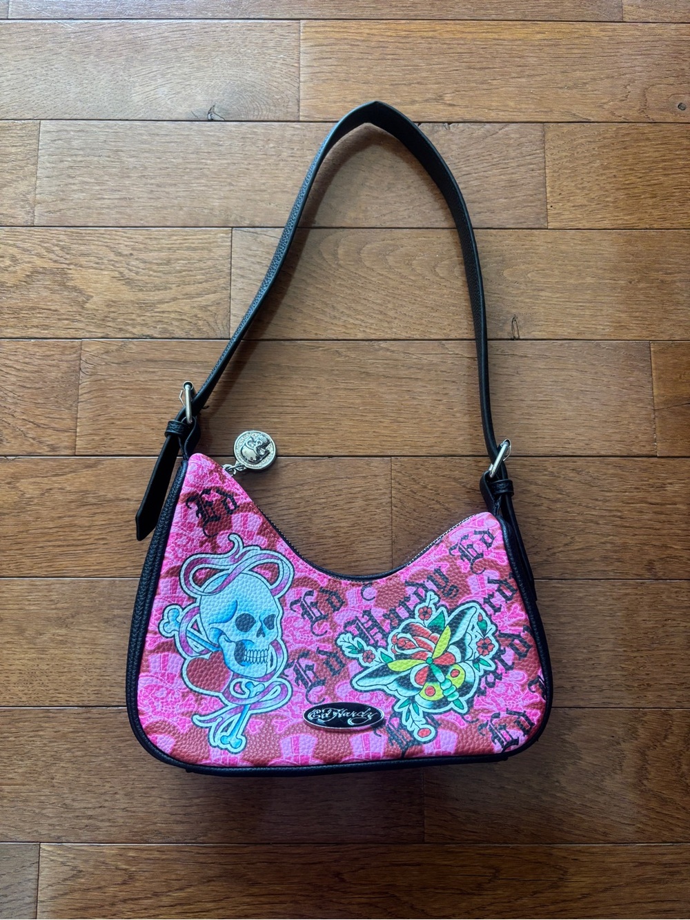 Y2k Ed Hardy Pink Skull & Floral Shoulder Bag